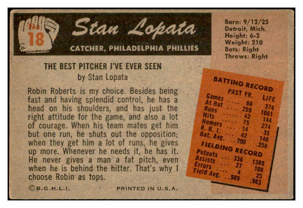 1955 Bowman #018 Stan Lopata Phillies Signed Autographed 534642