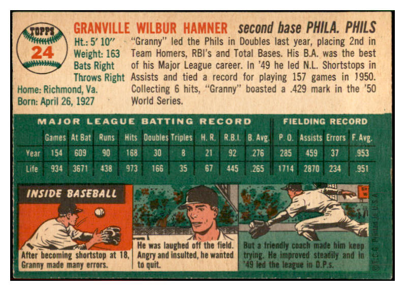 1954 Topps Baseball #024 Granny Hamner Phillies EX-MT 534675