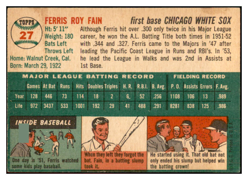 1954 Topps Baseball #027 Ferris Fain White Sox EX-MT 534676
