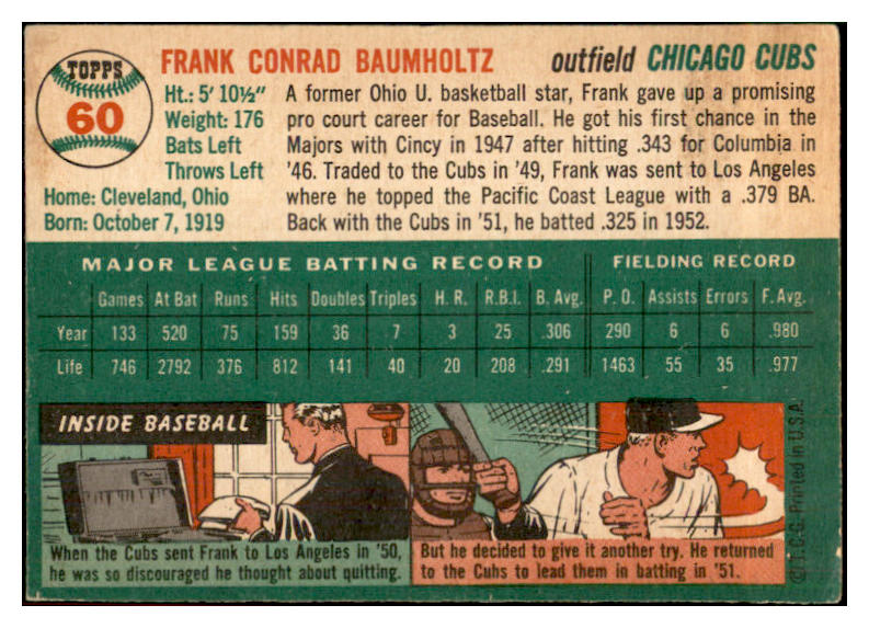 1954 Topps Baseball #060 Frank Baumholtz Cubs EX 534698