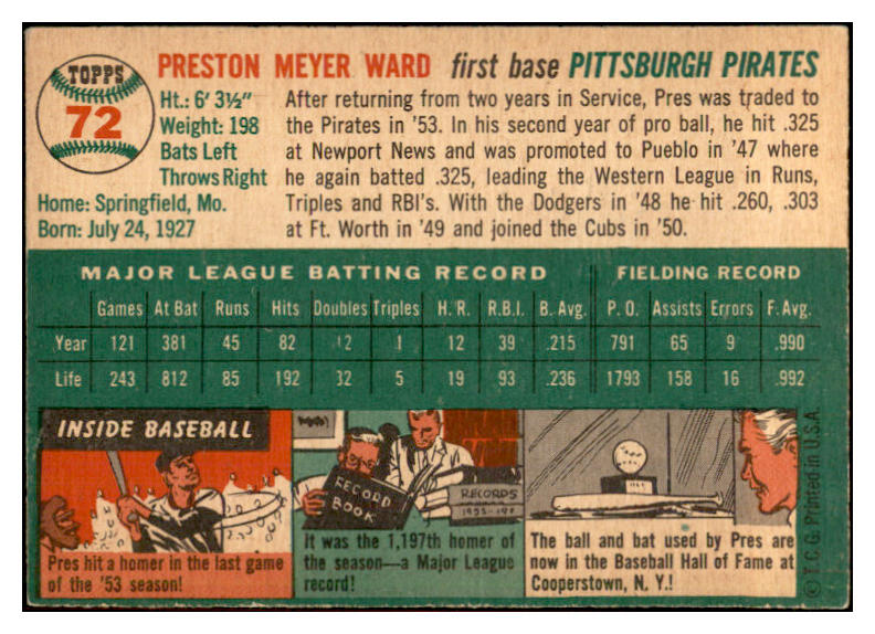 1954 Topps Baseball #072 Preston Ward Pirates EX-MT 534709