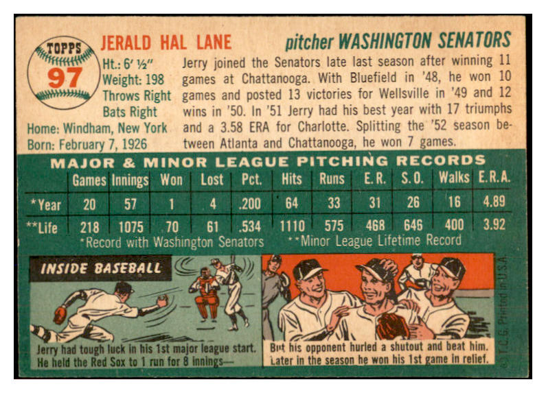 1954 Topps Baseball #097 Jerry Lane Senators EX-MT 534728