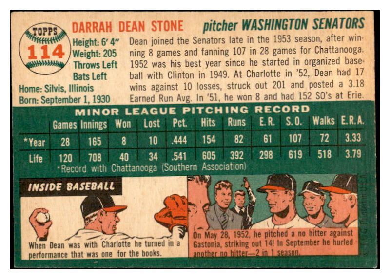 1954 Topps Baseball #114 Dean Stone Senators EX-MT 534742