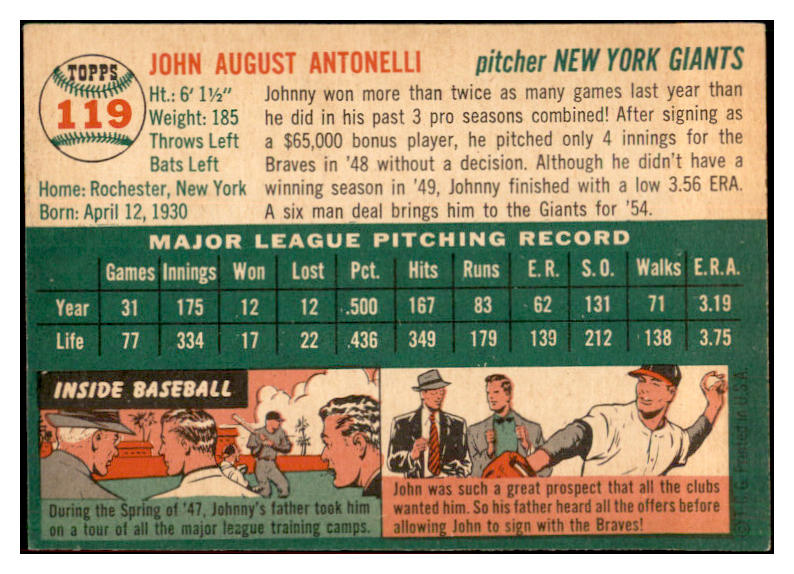 1954 Topps Baseball #119 Johnny Antonelli Giants EX-MT 534747
