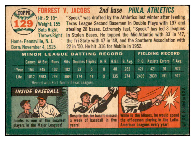 1954 Topps Baseball #129 Spook Jacobs A's EX 534755