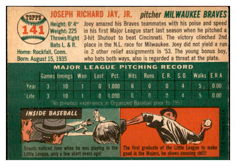 1954 Topps Baseball #141 Joe Jay Braves EX-MT 534763