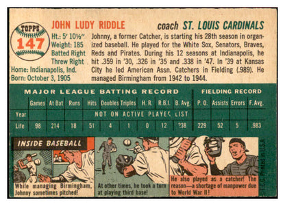 1954 Topps Baseball #147 Johnny Riddle Cardinals EX 534769