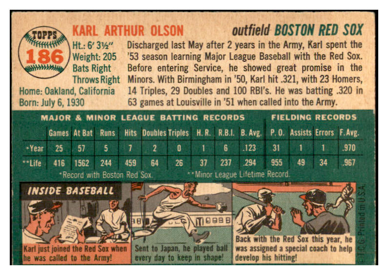 1954 Topps Baseball #186 Karl Olson Red Sox EX-MT 534790