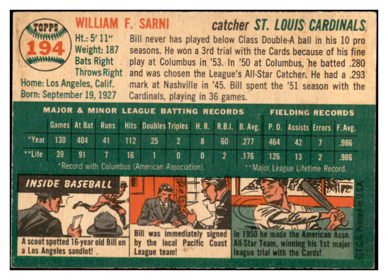 1954 Topps Baseball #194 Bill Sarni Cardinals EX-MT 534793