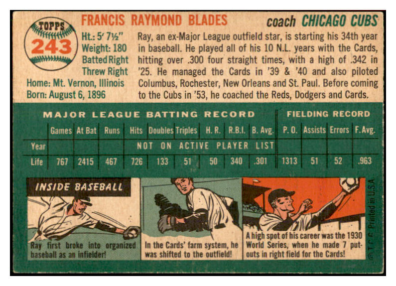 1954 Topps Baseball #243 Ray Blades Cubs EX-MT 534821