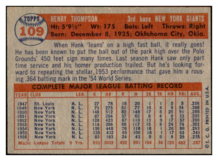 1957 Topps Baseball #109 Hank Thompson Giants NR-MT 534871