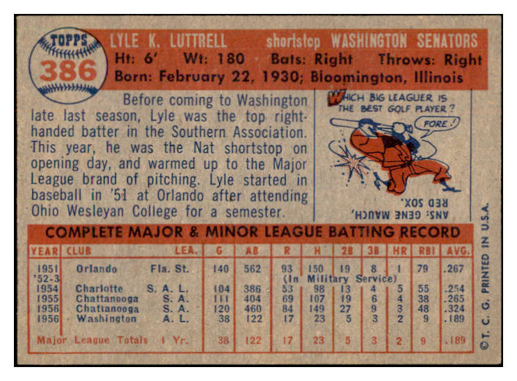 1957 Topps Baseball #386 Lyle Luttrell Senators EX-MT 534929