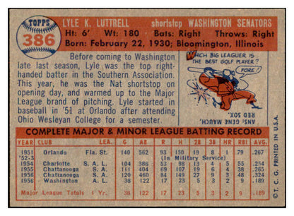 1957 Topps Baseball #386 Lyle Luttrell Senators EX-MT 534929