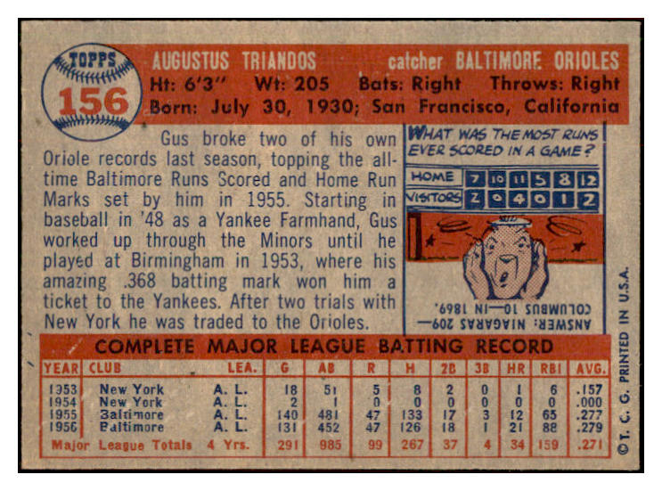 1957 Topps Baseball #156 Gus Triandos Orioles EX-MT 534938