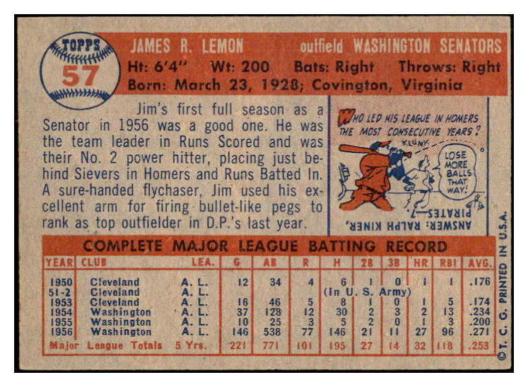 1957 Topps Baseball #057 Jim Lemon Senators EX-MT 534950