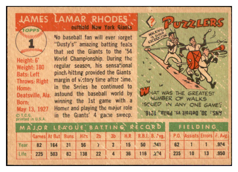 1955 Topps Baseball #001 Dusty Rhodes Giants VG-EX 534952
