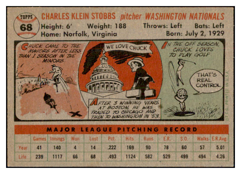 1956 Topps Baseball #068 Chuck Stobbs Senators EX-MT Gray 534954
