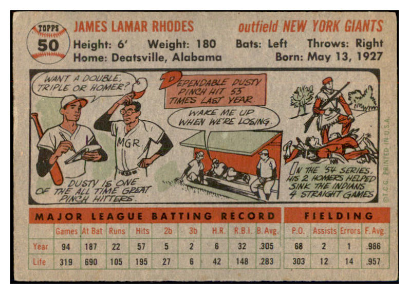 1956 Topps Baseball #050 Dusty Rhodes Giants EX-MT Gray 534955