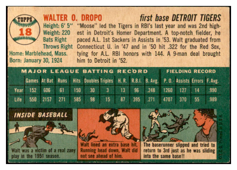 1954 Topps Baseball #018 Walt Dropo Tigers EX-MT 534966