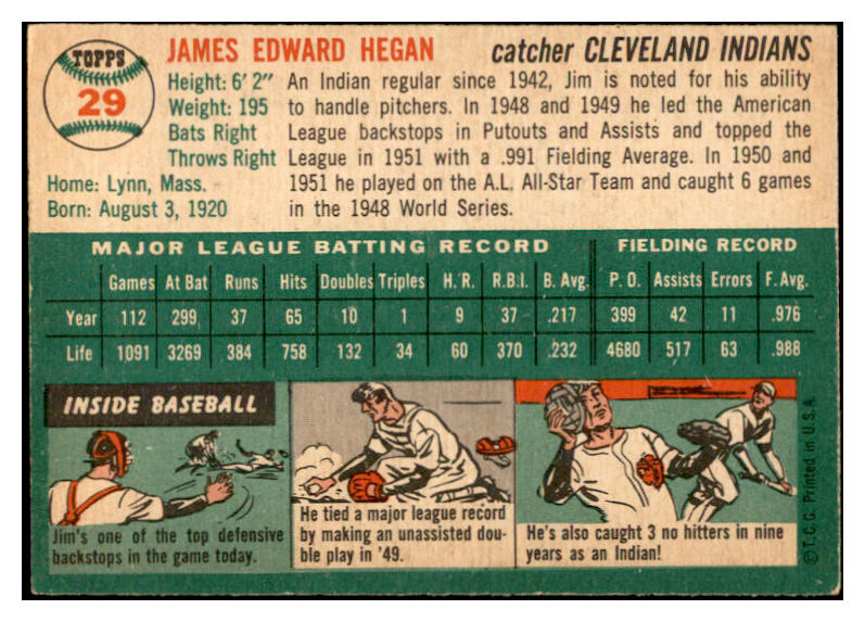 1954 Topps Baseball #029 Jim Hegan Indians EX-MT 534973