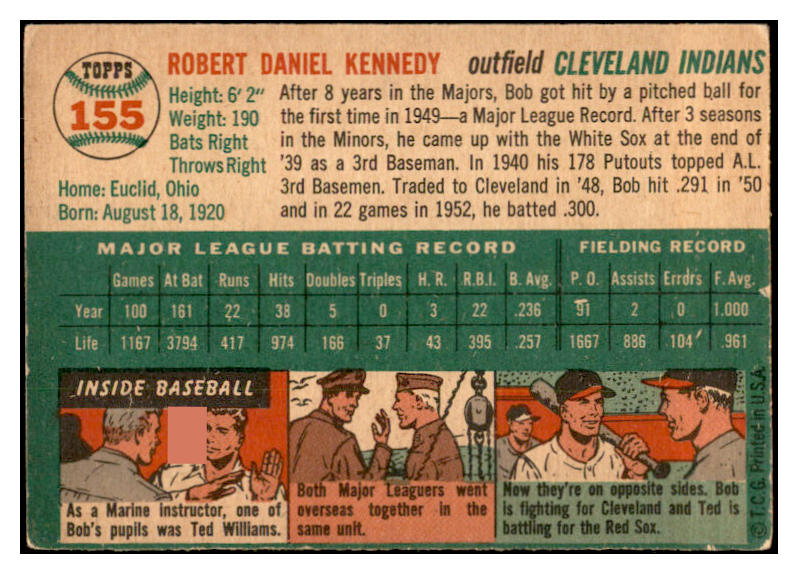 1954 Topps Baseball #155 Bob Kennedy Indians EX-MT 535019