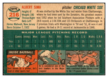 1954 Topps Baseball #216 Al Sima White Sox EX-MT 535038