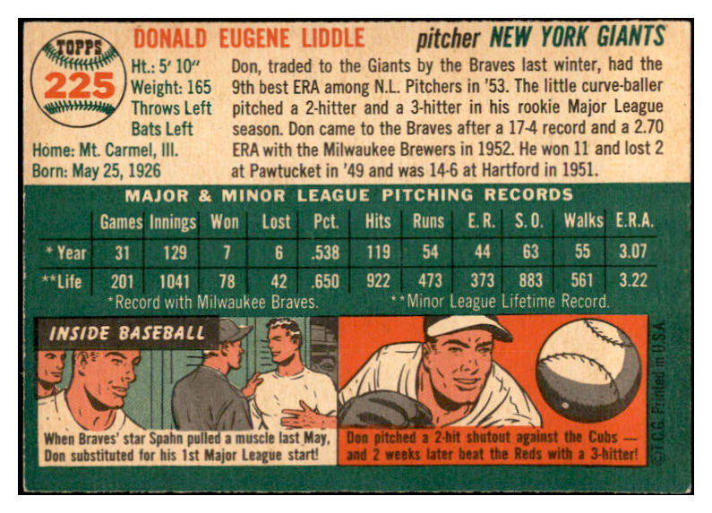 1954 Topps Baseball #225 Don Liddle Giants EX-MT 535042
