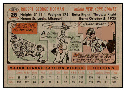 1956 Topps Baseball #028 Bobby Hofman Giants EX-MT Gray 535082