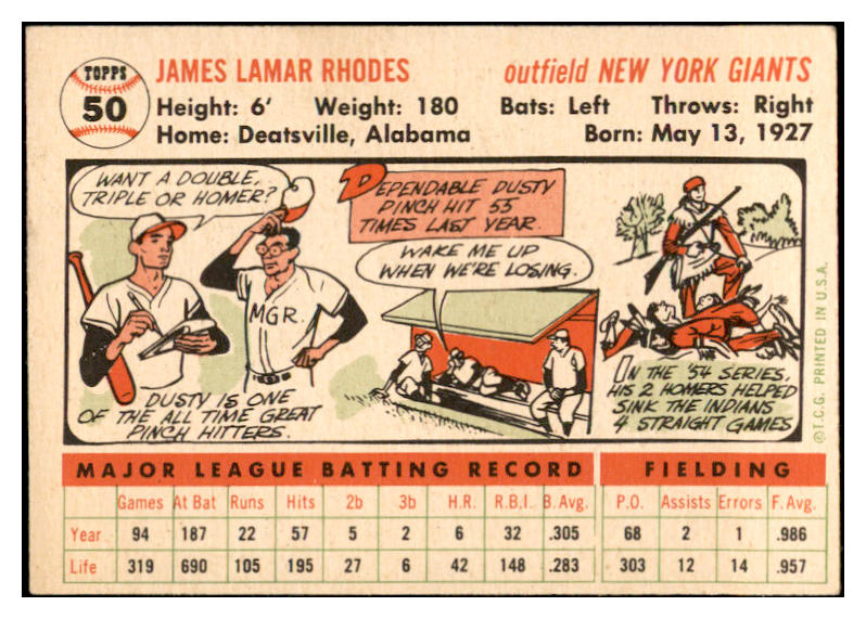 1956 Topps Baseball #050 Dusty Rhodes Giants EX-MT White 535094