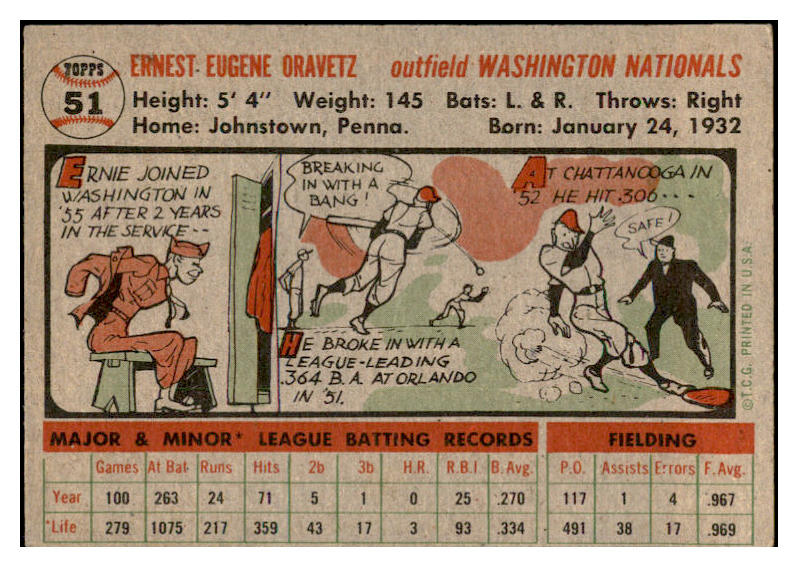 1956 Topps Baseball #051 Ernie Oravetz Senators EX-MT Gray 535095