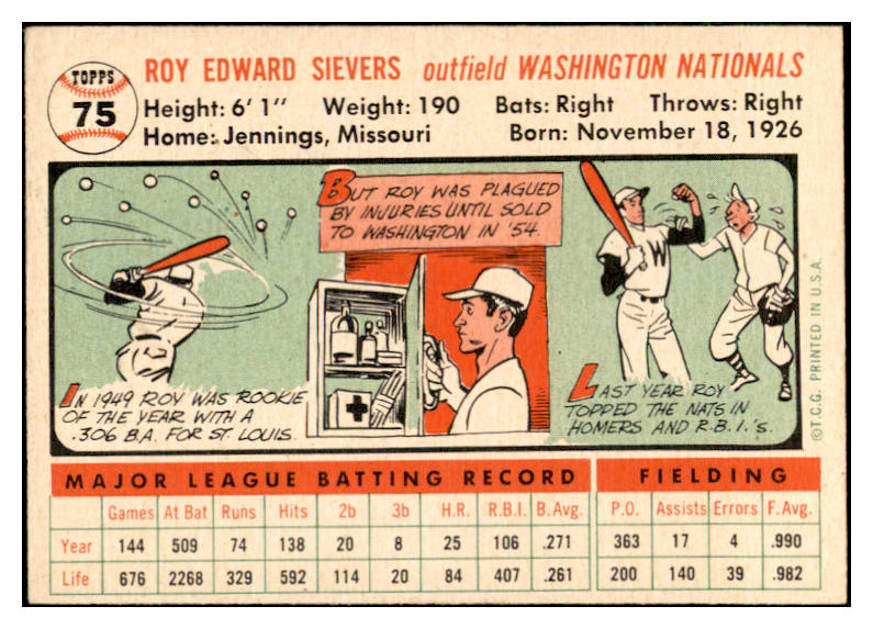 1956 Topps Baseball #075 Roy Sievers Senators EX-MT White 535111