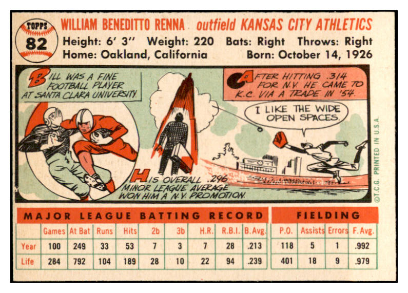 1956 Topps Baseball #082 Bill Renna A's EX-MT White 535116