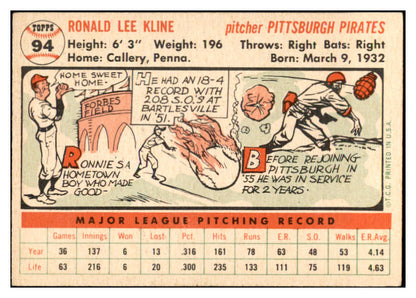 1956 Topps Baseball #094 Ron Kline Pirates EX-MT White 535126