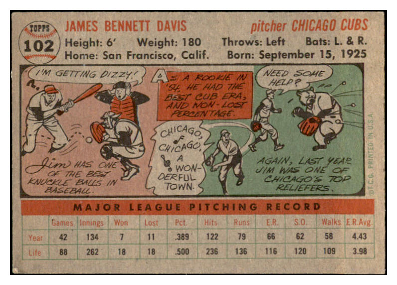 1956 Topps Baseball #102 Jim Davis Cubs EX-MT Gray 535131