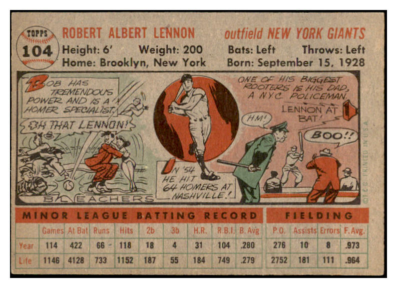 1956 Topps Baseball #104 Bob Lennon Giants EX-MT Gray 535132