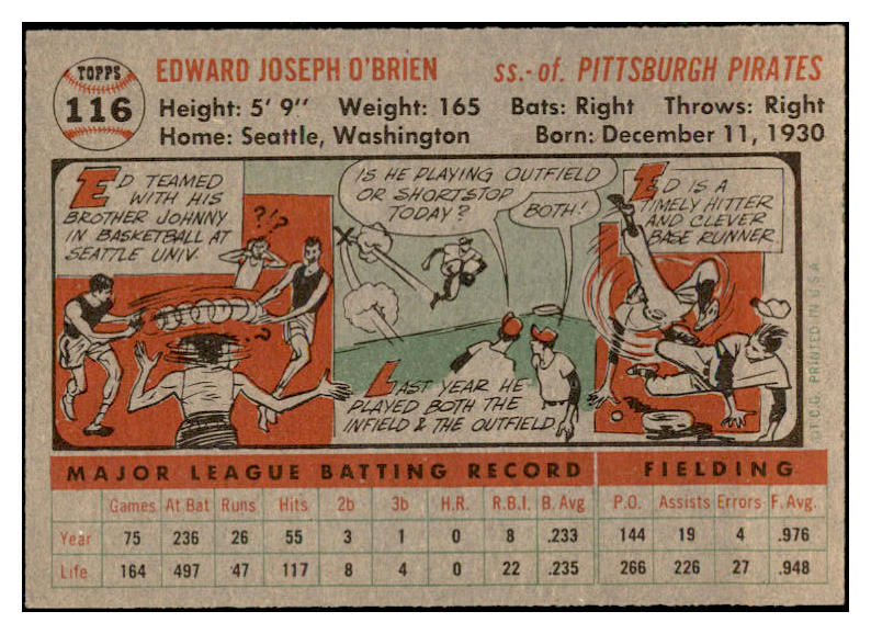 1956 Topps Baseball #116 Eddie O'Brien Pirates EX-MT Gray 535140