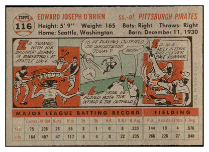 1956 Topps Baseball #116 Eddie O'Brien Pirates EX-MT Gray 535140