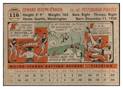 1956 Topps Baseball #116 Eddie O�Brien Pirates EX-MT Gray 535141