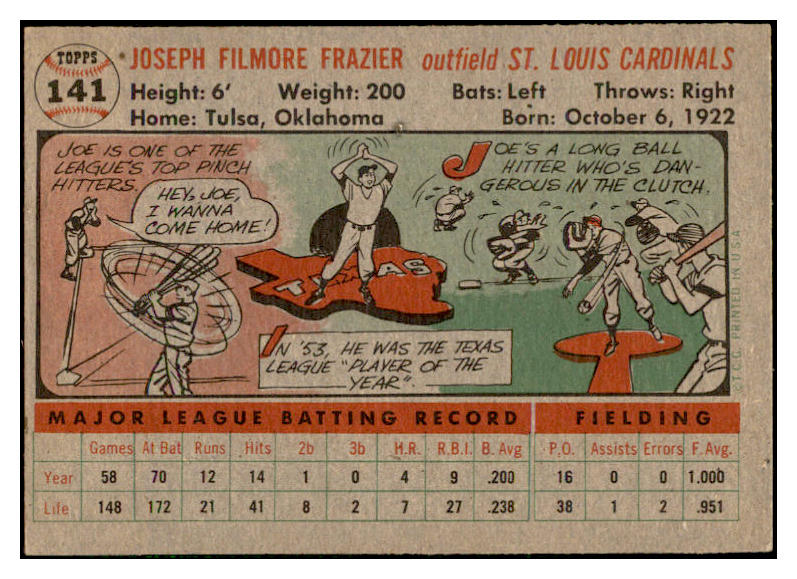 1956 Topps Baseball #141 Joe Frazier Cardinals EX-MT Gray 535166