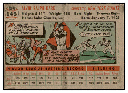 1956 Topps Baseball #148 Alvin Dark Giants EX-MT Gray 535171