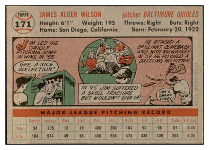 1956 Topps Baseball #171 Jim Wilson Orioles EX-MT Gray 535195