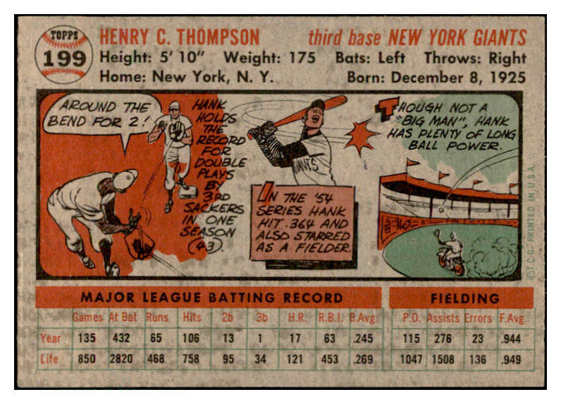 1956 Topps Baseball #199 Hank Thompson Giants EX-MT 535225