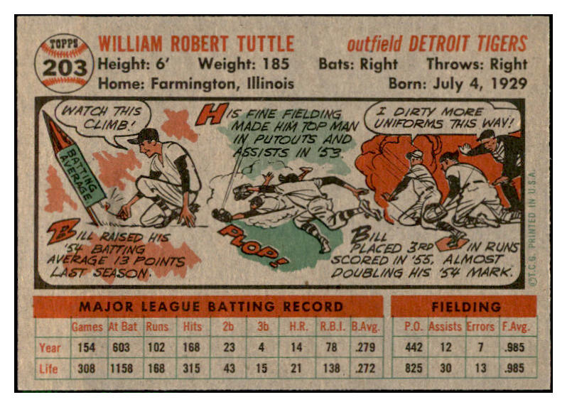 1956 Topps Baseball #203 Bill Tuttle Tigers EX-MT 535229
