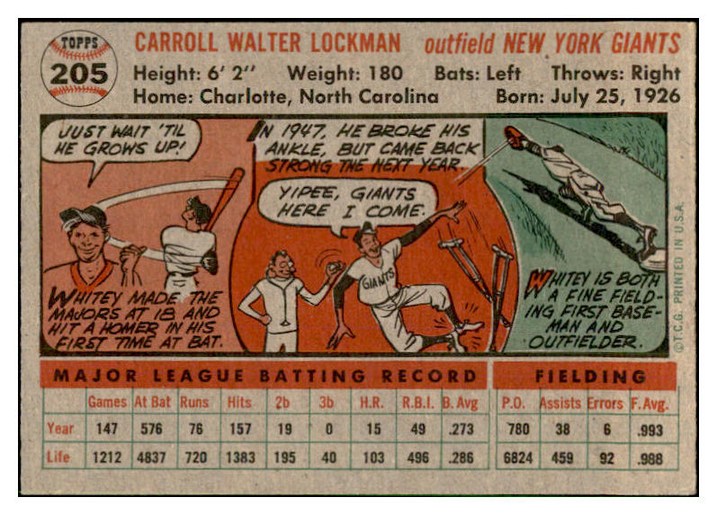 1956 Topps Baseball #205 Whitey Lockman Giants EX-MT 535232