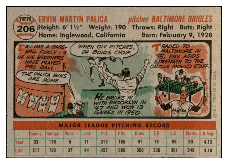 1956 Topps Baseball #206 Erv Palica Orioles EX-MT 535234
