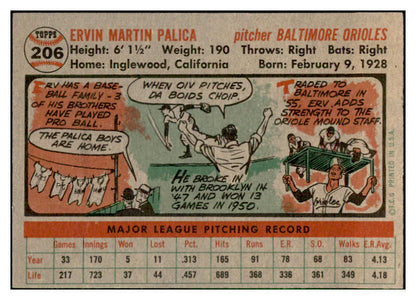 1956 Topps Baseball #206 Erv Palica Orioles EX-MT 535234