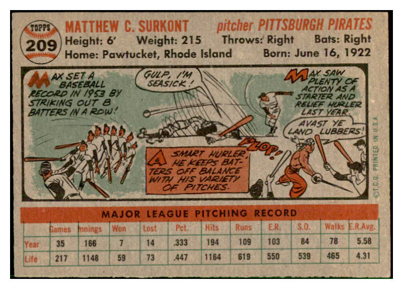 1956 Topps Baseball #209 Max Surkont Pirates EX-MT 535237
