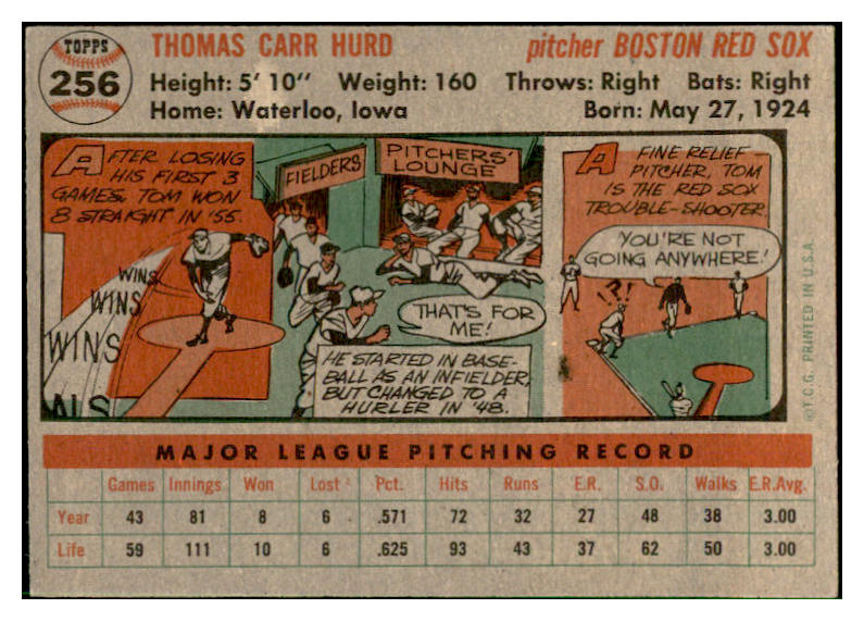 1956 Topps Baseball #256 Tom Hurd Red Sox EX-MT 535283