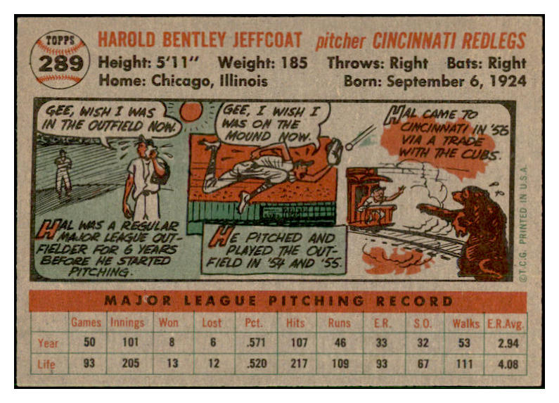 1956 Topps Baseball #289 Hal Jeffcoat Reds EX-MT 535324