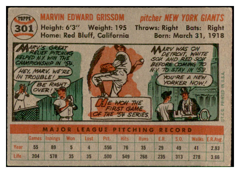 1956 Topps Baseball #301 Marv Grissom Giants EX-MT 535341